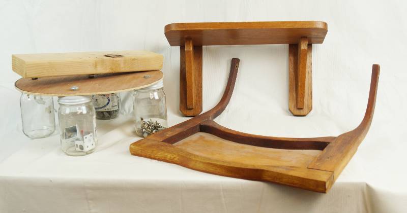 lot 6712 image: Lot of Shop-Made Wooden Treasures Lazy Susan w Jars for Hardware Storage, Wooden Shelf and Tray Table - WOW