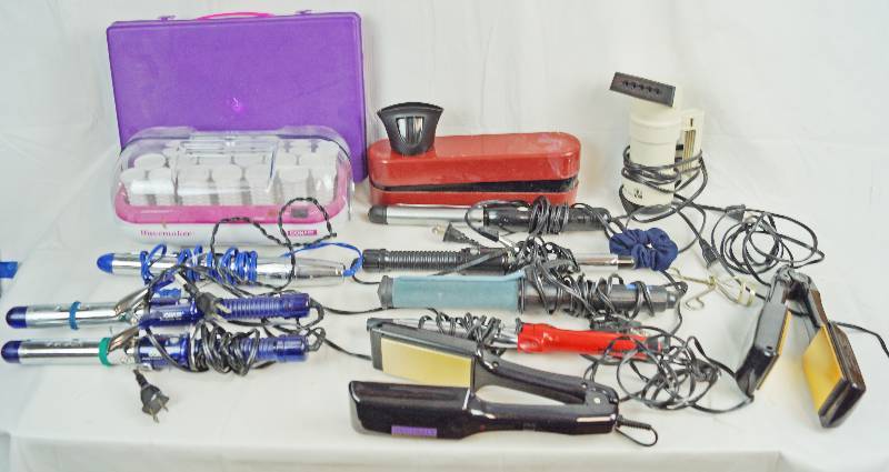 lot 6668 image: Big Lot of Hot Curlers, Curling Irons, Curling Brushes, Travel Clothes Steamer and More