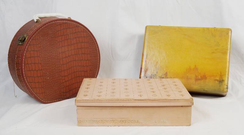 lot 6677 image: Lot of 3 Vintage Storage Boxes - TUCK-A-WAY, KC. MO., Round Case and More See pics