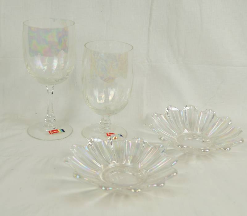 lot 6693 image: Lot of 2 Pearlized Fostoria Glass Goblets and Two Fluted Small Plates (carnival glass)