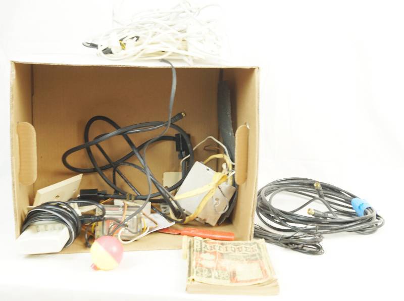 lot 6548 image: Box of Household and Garage Stuff - Coax Cable, Cords, Fishing Bobber, Antique Book and More