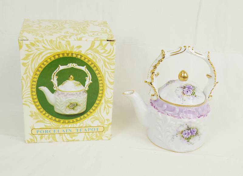 lot 2368 image: Pretty Porcelain Teapot with Purple Flowers and Accents - NEW w original box