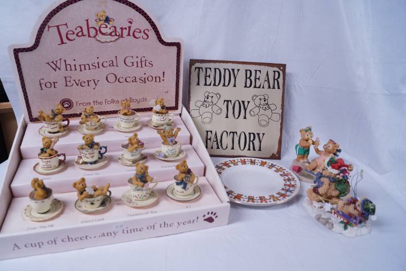 lot 2245 image: Lot of Bear Items - Boyds Bears Teabearies ORIGINAL STORE Display Excellent Condition , Wall Sign, and More