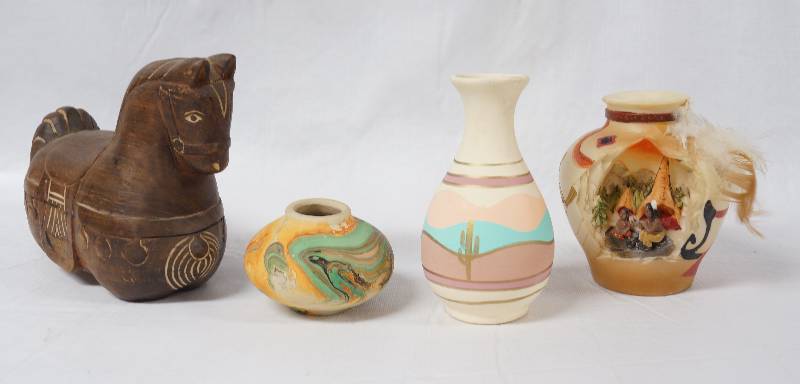 lot 2264 image: Lot of Pottery Items and Wooden Horse - Some Native American - Very Cool