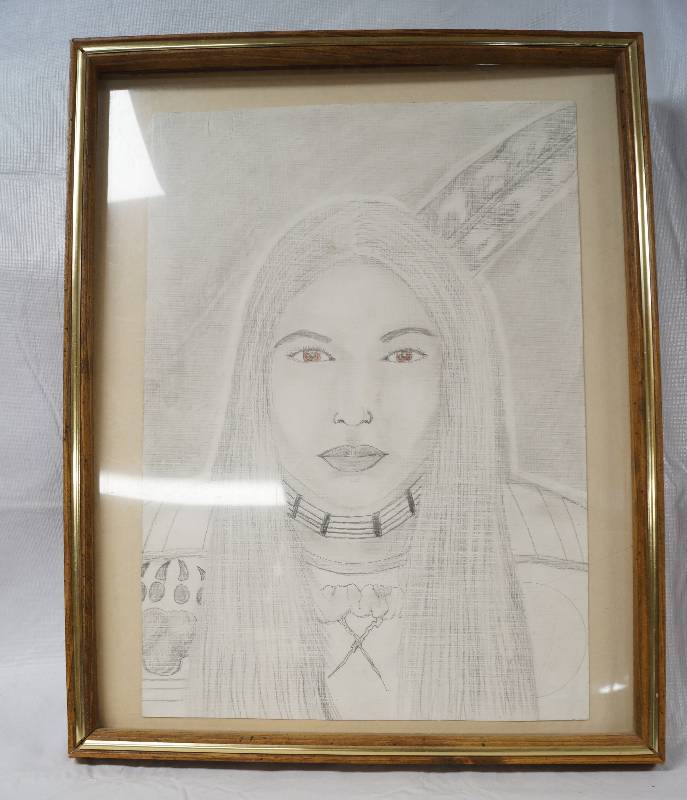 lot 3008 image: Picture Frame and Native American Woman Drawing- Cool