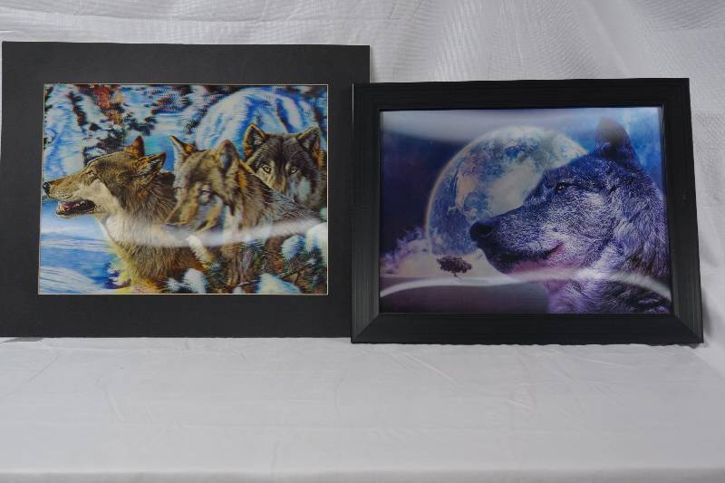 lot 3010 image: Lot of 2 Framed Wolf Pictures- Cool