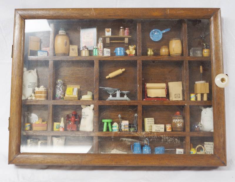 lot 3019 image: Shadowbox Filled w Miniatures- Some Figurines Highly Collectible- Take a Look