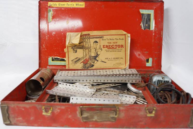 lot 3024 image: Old Red Toolbox w Vintage Advertisement Inside- Wow