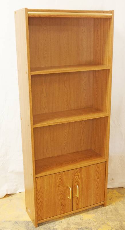 lot 3197 image: Wood Shelving Unit - Doors on Bottom Shelf - See Photos for Details