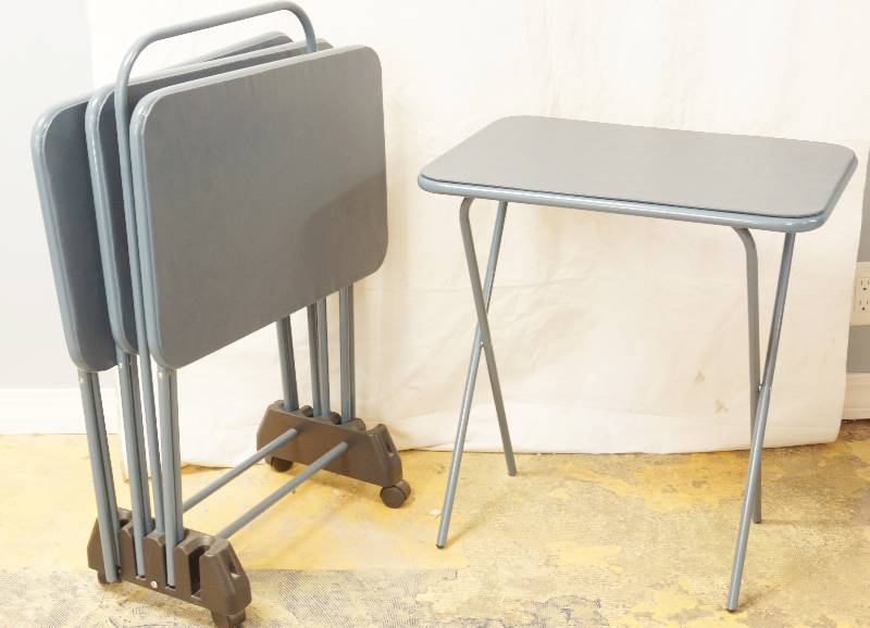 lot 3202 image: Lot of 4 COSCO Fold Out TV Trays w stand - EXCELLENT CONDITION - Vinyl Tops - M# 15-417 - See Photos for Details