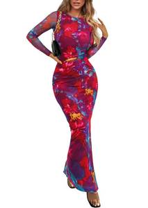 lot 45133 image: PRETTYGARDEN Womens Bodycon Maxi Dress Fall Spring Fashion Long Sleeve Floral Print Tight Fitted Party Club Ruched Dresses (Navy Red Big Floral,Small)