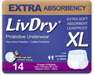lot 45148 image: LivDry Adult XL Incontinence Underwear, Extra Absorbency Adult Diapers, Leak Protection, X-Large, 14-Pack