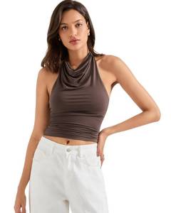 lot 45197 image: SUUKSESS Women Halter Backless Tank Tops Sexy Cowl Neck Summer Going Out Tops Sleeveless Camisole Top (Brown,S)