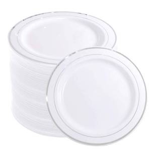 lot 45205 image: WELLIFE 144 Pieces Silver Plastic Dessert Plates, 7.5 inch Disposable Salad Plates, Premium White Appetizer Plates with Silver Rim, Ideal for Party, Wedding
