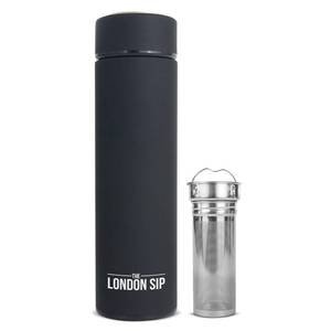 lot 45246 image: London Sip Multi-Purpose Tea Infuser Travel Mug and Tumbler Fruit Infuser Flask Hot and Cold Double Wall Stainless Steel Thermos with Extra-Long Infuser, Zen Black