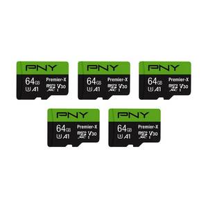 lot 45255 image: PNY 64GB Premier-X Class 10 U3 V30 microSDXC Flash Memory Card 5-Pack - 100MBs, Class 10, U3, V30, A1, 4K UHD, Full HD, UHS-I, Micro SD