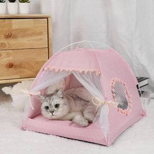 lot 45268 image: Cat Bed Tents Dog House Indoor Outdoor Lace Mesh Breathable Windows Door Curtains Removable Portable Nest Teepe House (Small,Pink(Flower))
