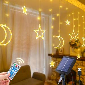lot 45272 image: Qunlight Ramadan Solar Icicle Lights,10.8ft 138 LED Outdoor Waterproof Moons Stars Curtain Window String with 8 Modes Timer Remote,USB Rechargeable Connectable Warm White Hanging Decor for Patio