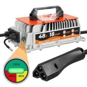 lot 45313 image: 18 AMP 48 Volt EZGO RXV & TXT Golf Carts Battery Charger, Smart EZGO 48V Golf Cart Charger with 3-Pin Triangular Plug for Lead-Acid Battery, IP67 Waterproof, Temperature Monitor for EZGO RXV & TXT - Retail $138.93
