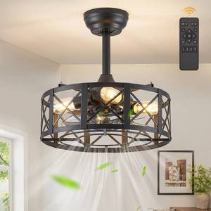 lot 45318 image: (One Blade Broken, See Photos) Fanbulous 16in Caged Ceiling Fans with Lights and Remote, Black Fandelier Ceiling Fan with 6 Speeds and Timing, Farmhouse Samll Fan Lights Ceiling Fixtures For Kitchen, Bedroom, Outdoor-Black X - Retail $89.81