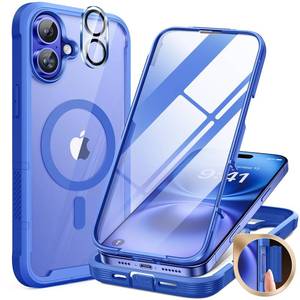 lot 45321 image: Miracase for iPhone 16 Case 6.1, Bubble Free Full-Body Bumper Phone case with Built-in Full Glass Screen &Lens Protector,No Gap,Compatible with MagSafe,Drop Proof 16 Cover,Blue