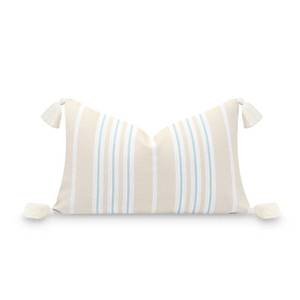 lot 45347 image: Hofdeco Premium Fall Coastal Patio Indoor Outdoor Lumbar Pillow Cover Only, 12x20 Water Repellent for Backyard, Couch, Muted Aqua Neutral Tan Stripe Tassel