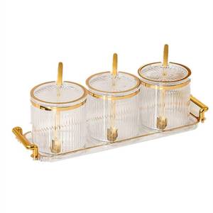 lot 45373 image: Acrylic Condiment Spice Jars and Box with Lids, Spoons, Tray - 3 Pack, Clear Plastic Canisters, Seasoning Box Set for Salt, Paprika, Sugar - Kitchen Storage