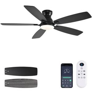 lot 45381 image: JSAITEE Ceiling Fans with Lights, 52 Inch Low Profile Ceiling Fan with Light and Remote Control, Flush Mount, DC Reversible Motor, Noiseless, Black 6 Speeds Ceiling Fan for Bedroom - Retail $83.87
