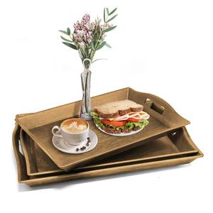 lot 45382 image: Set of 3 Large Serving Trays wHandles Nesting Breakfast Serving Trays Afternoon Tea Tray Decorative Rectangular Display Tray Set Nested Food Tray Butler Serving Tray for Kitchen Party Dinner Snack