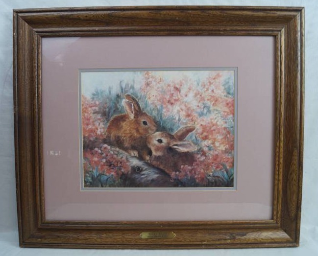 lot 2036 image: Framed Photo of Bunnies in Flowers - Adorable - See Photos for Details