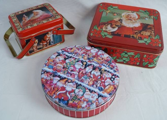 lot 2016 image: Lot of Santa Claus Tin Canisters - Two of Three Coca-Cola Brand - See Photos for Details