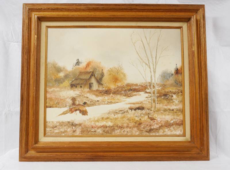 lot 3164 image: Framed Painting - Pheasant Flying Through Farmland - See Photos