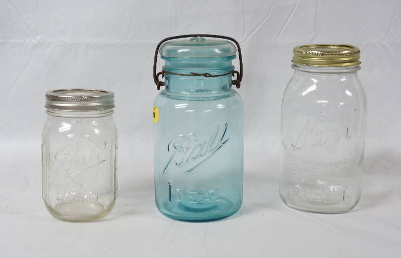 lot 3177 image: Lot of 3 Mason Jars - 2 Ball Brand - 1 Kerr Self Sealing - See Photos