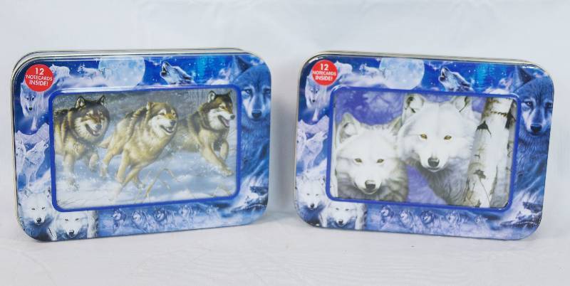 lot 3291 image: 2 Sets of New Wolf Themed Note Cards  In Tins - Tins convert to picture frames NICE