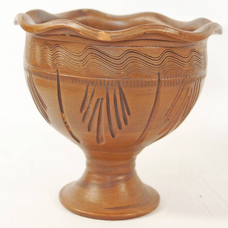 lot 6853 image: Terra Cotta Ceramic Pedestal Bowl - Made in Mexico - Neat