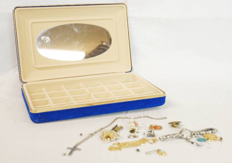 lot 6809 image: Blue Jewelry Box - Comes with Jewelry and Watches