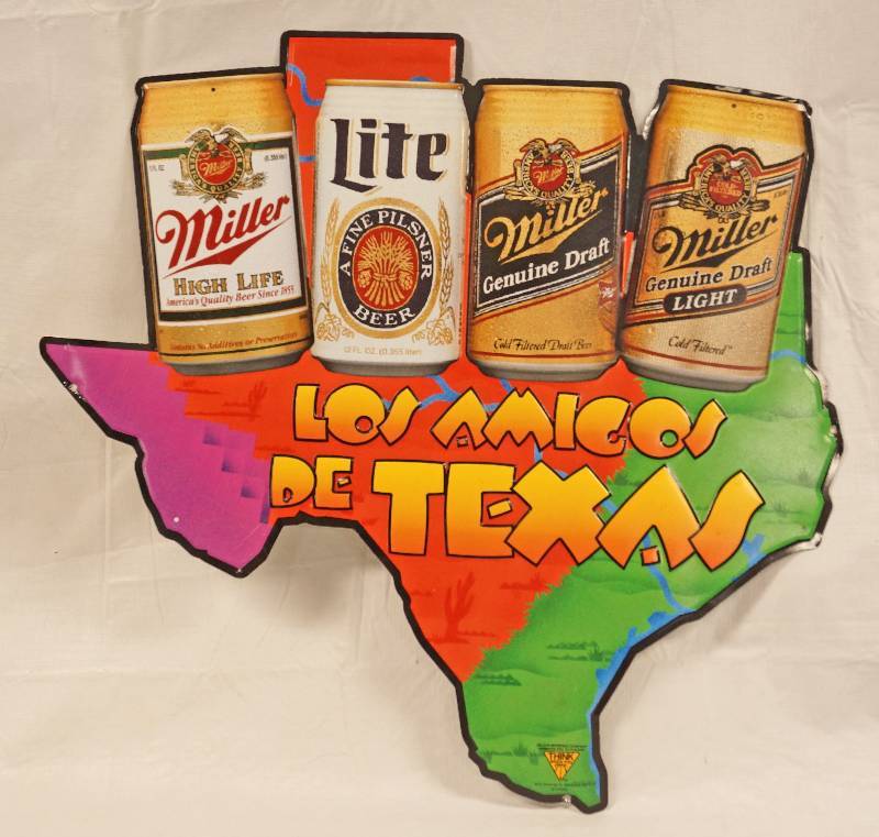 lot 6843 image: Los Amicos De Texas Miller Beer Sign - Tin - Large as Texas See Photos for Details Cool Man-Cave Decor
