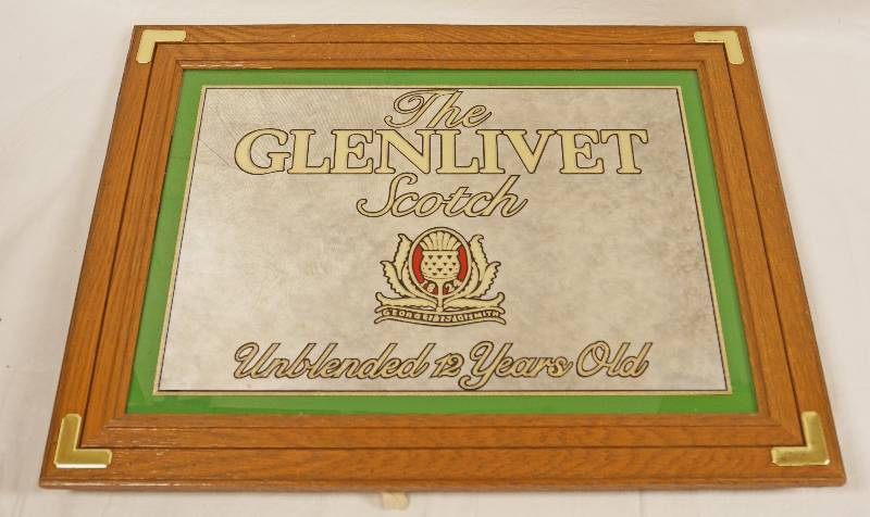 lot 6845 image: The Glenlivet Scotch Wood Framed Mirror - See Photos for Details