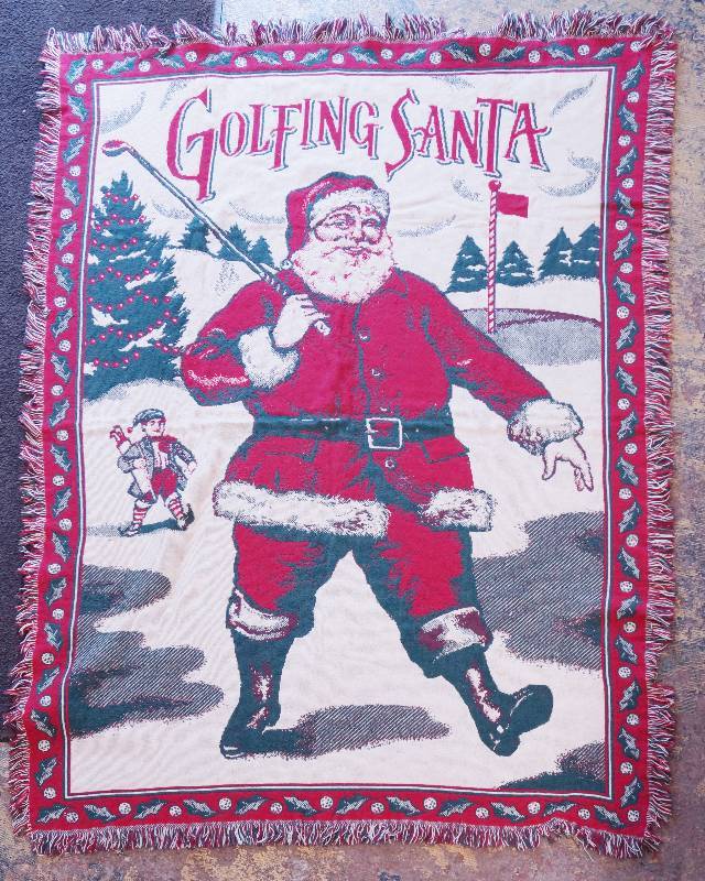 lot 3124 image: Woven Blanket - GOLFING SANTA w Elf Caddy - Neat for Winter 70 x 50