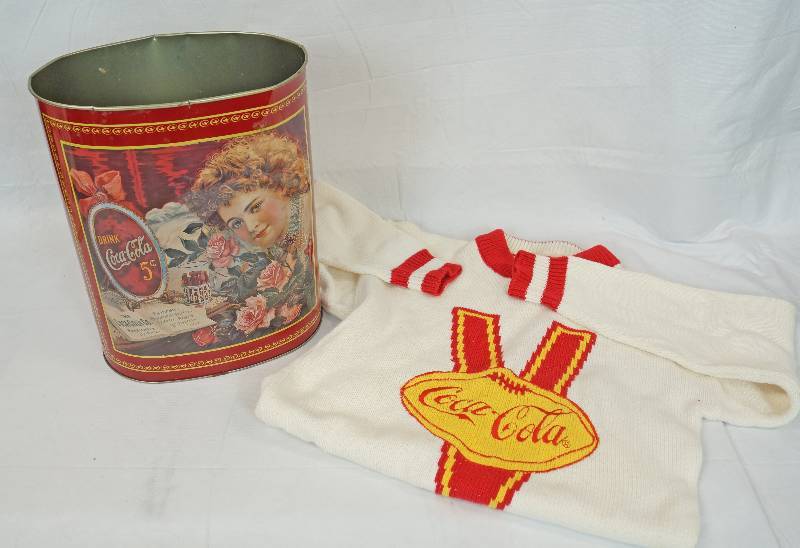 lot 3074 image: Coca-Cola Tin Trash Can and Varsity Sweater (size small) - Neat