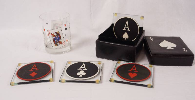 lot 2165 image: Heavy Glass ACES Playing Card Coaster set w rubber non skid surface in Box w Cool Glass