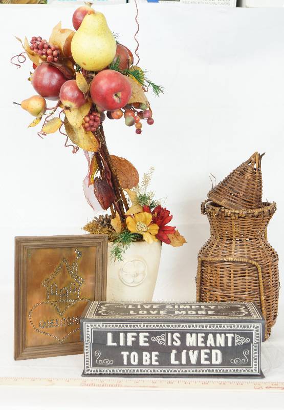 lot 6928 image: Lot of Home Decor - Nice Magnetic Box, Copper Colored Home Art, Topiary w vase and wicker decor