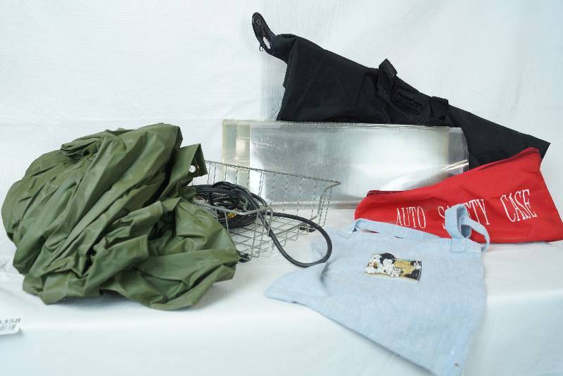 lot 3358 image: Lot of Misc - Army Green Rain Coat - Heavy Sheet Protectors - Wire Office Basket and more see pics