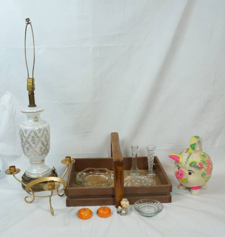 lot 3360 image: Vintage Looking Porcelain Lamp Made in FRANCE Iridescent and gold finish - Neat AND Wooden Breakfast Tray and other misc items - see pics