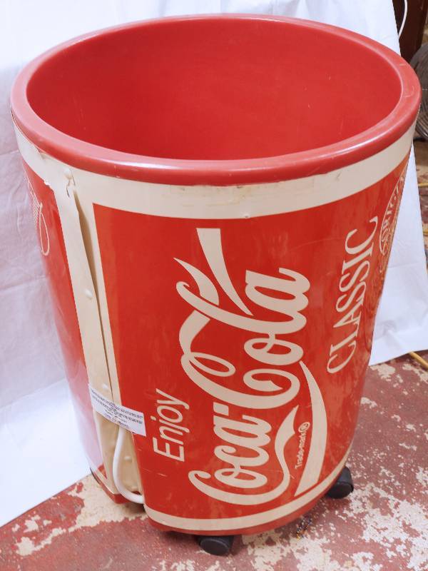 lot 3133 image: Coca Cola Rolling Beverage Cooler - Over 30 tall and 21 across w drain - on wheels