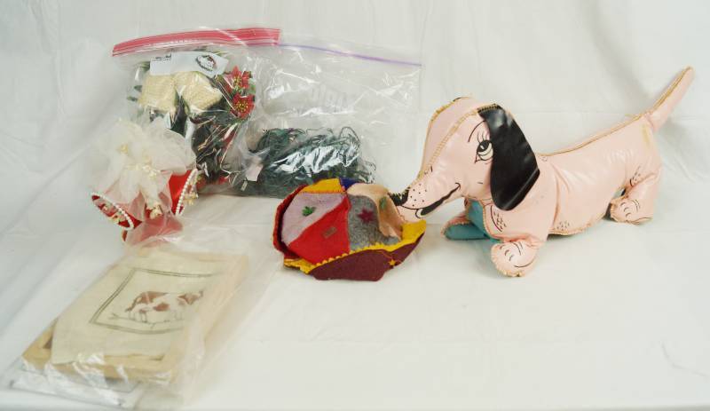 lot 6522 image: Vintage Pink Autograph Dog, Vintage Beanie Hat, Xmas Light Decor, Purple String Lights and Cross-Stitch Stuff - see pics