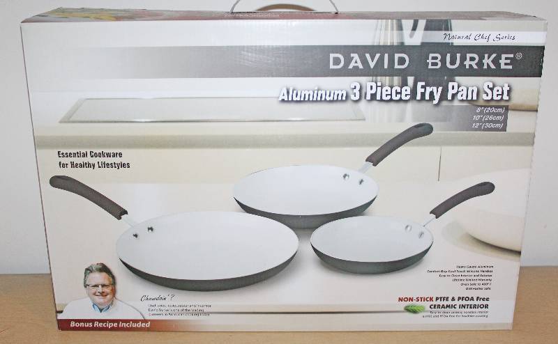 lot 9179 image: David Burke Ceramic Covered Aluminum 3 Piece Fry Pan Set - See Photos - NEW IN BOX