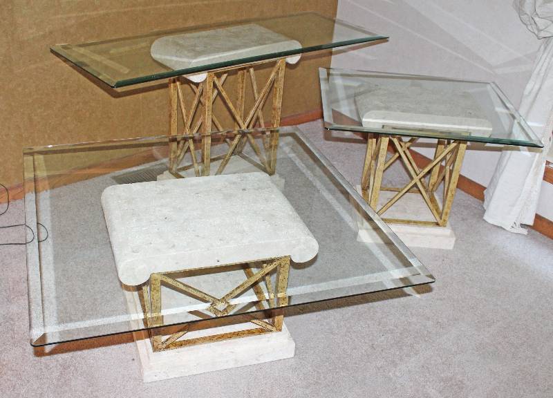 lot 9311 image: 3 Piece Glass Top Living Room Table Set - Glass is Removable