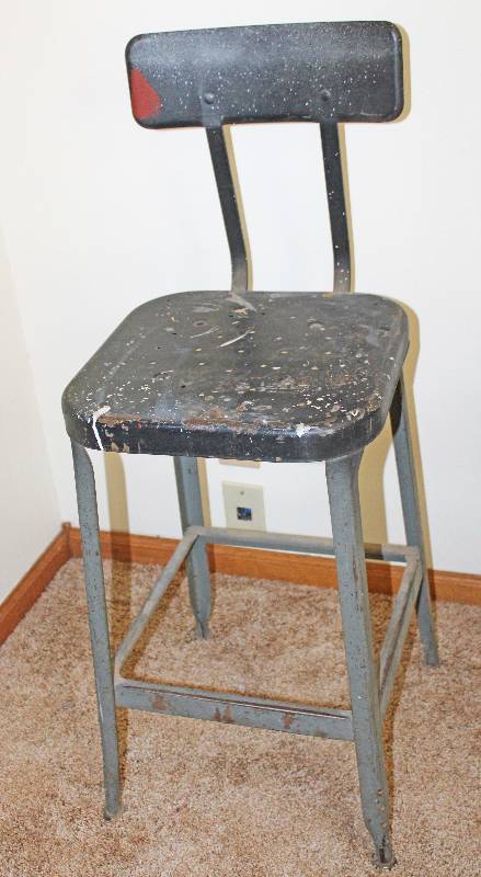 lot 9315 image: Nice Vintage All Steel Construction Shop Stool With Backrest - Seat Height of 24