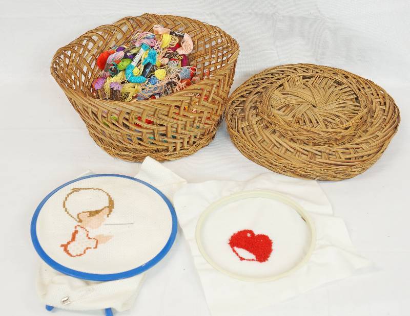 lot 3393 image: Lot of Thread and Needle Point Items - Comes with a Wicker Basket
